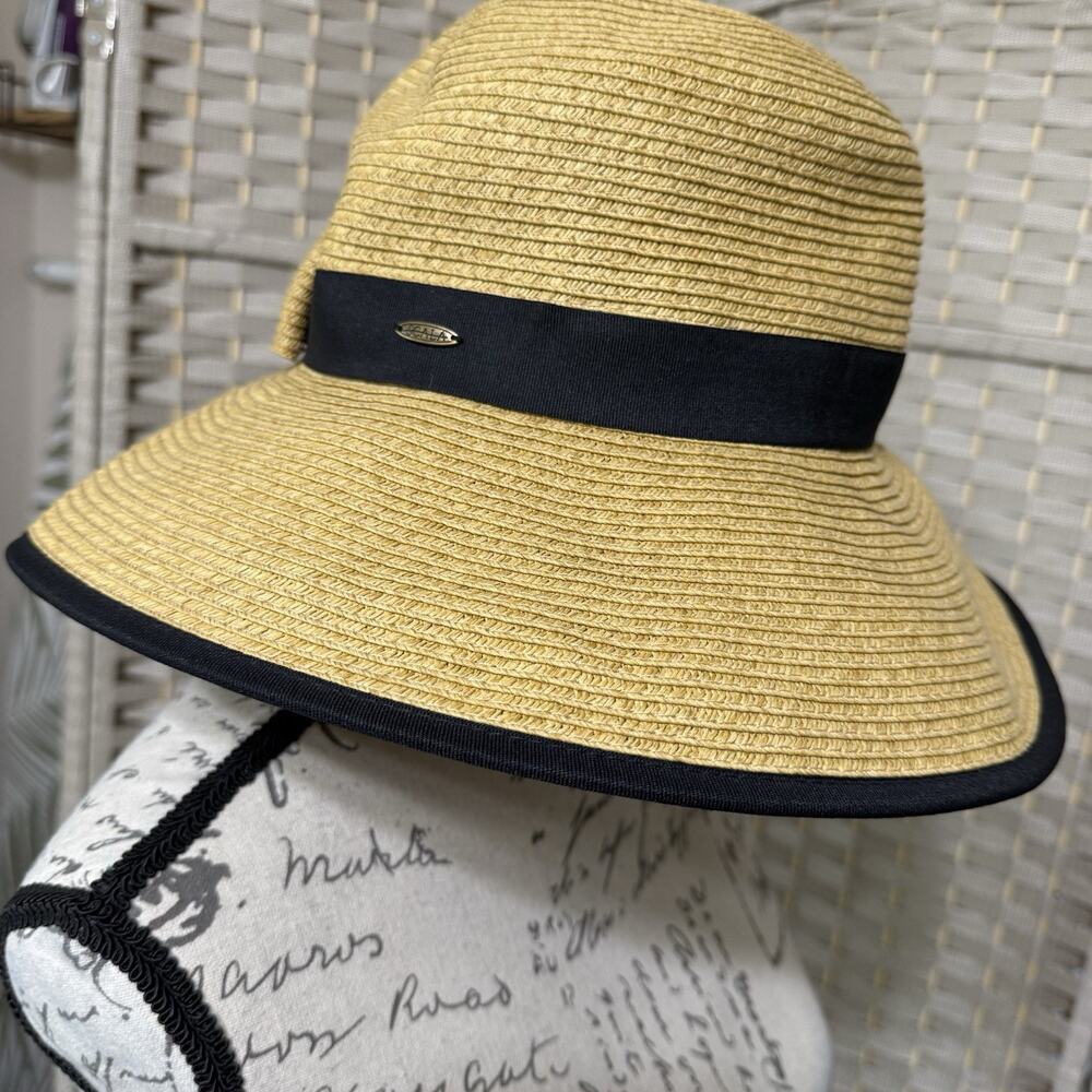 Scala Split Back Brim Bow Sun Hat Women’s Adjustable Ties Straw With Black Trim